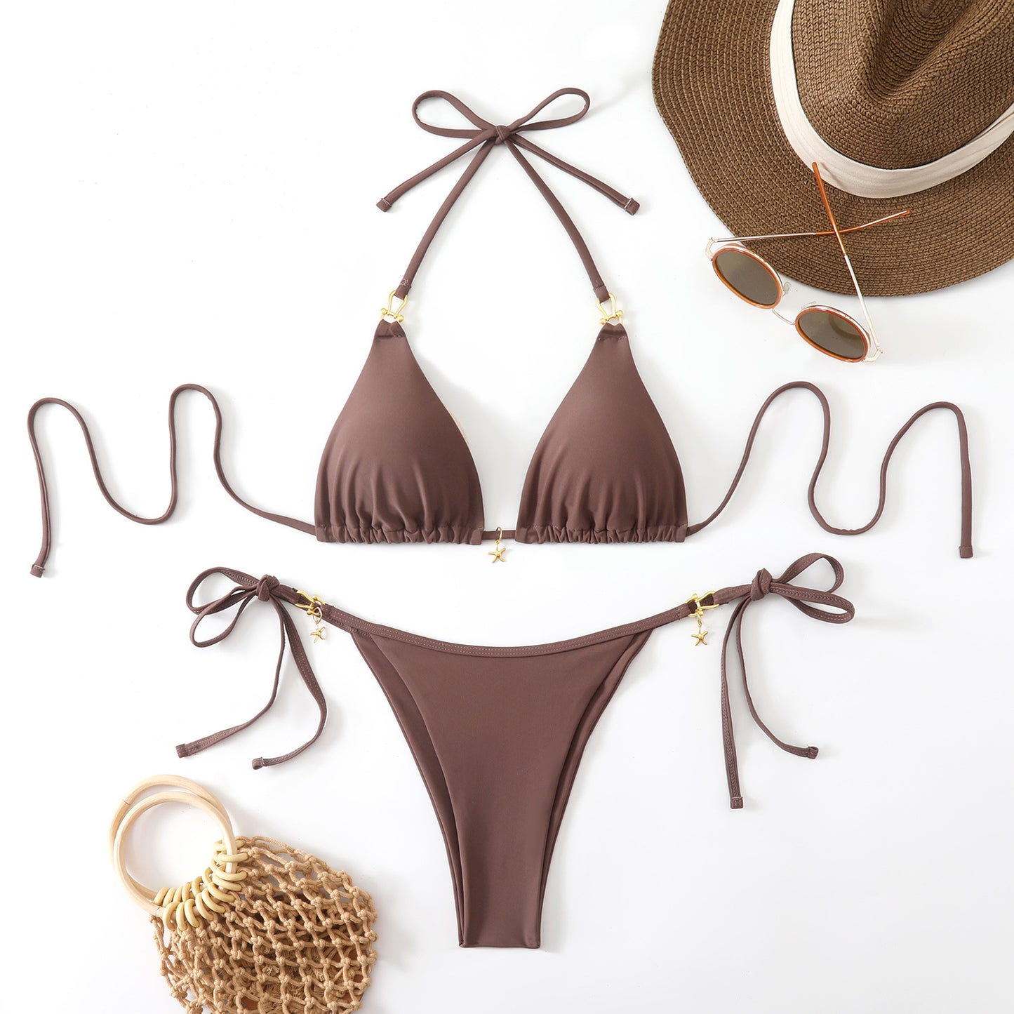 Bikini Beach Swimwear Halterneck Open-back Two-piece Swimsuit For Women