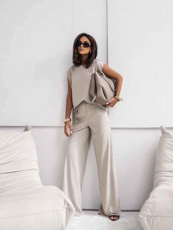 2026 NEW Women  2 Piece Casual Set Short Sleeve T-Shirt Vest Loose Wide Leg Pants Seasonal Comfort