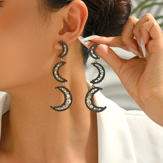 Black Paved Rhinestone Three Layer Crescent Moon Dangle Earrings For Women Vintage Gothic Elegant Party Prom Jewelry