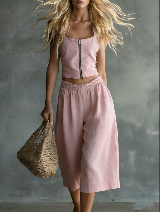 Casual Sleeveless Halter Neck 2 Piece Wide Leg Pants Outfit